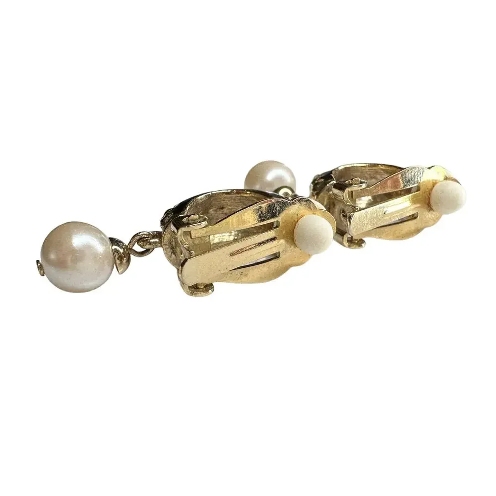 Vintage goldtone, black enamel, rhinestones, and faux pearl clip-on earrings